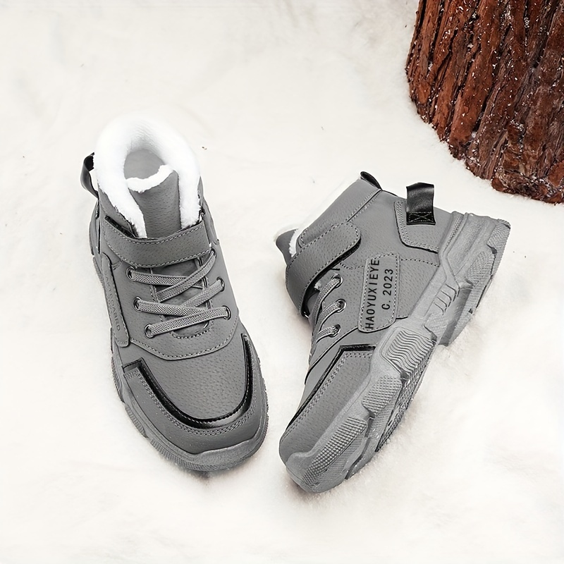 kids boots fleece lined winter shoes with round toe casual graphic style for boys girls pu upper fabric inner details 0