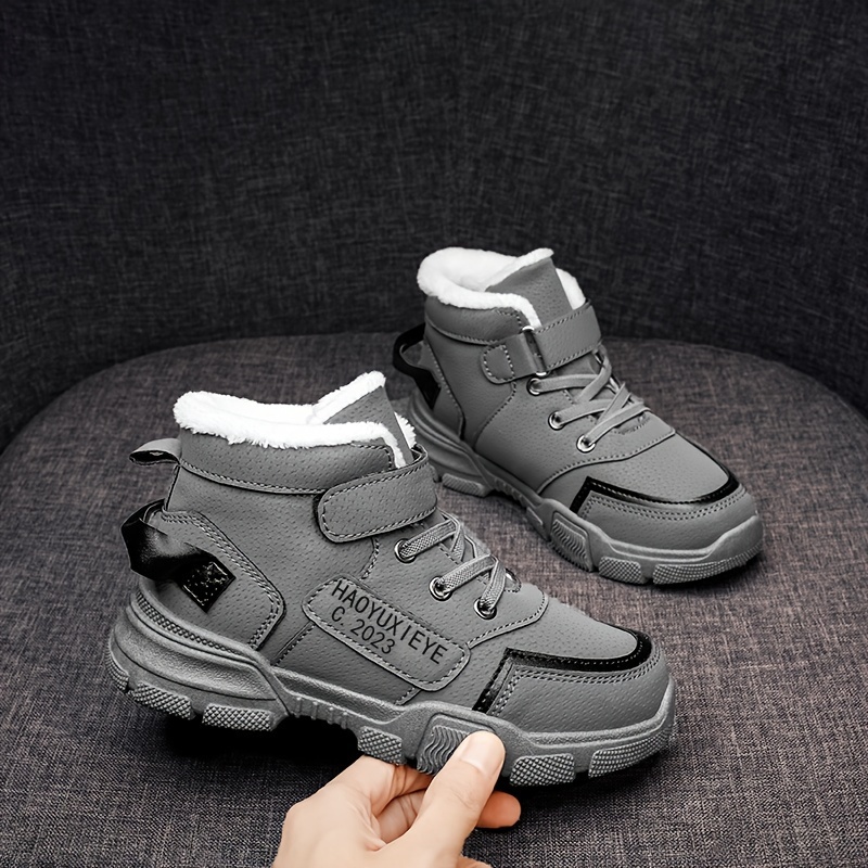 kids boots fleece lined winter shoes with round toe casual graphic style for boys girls pu upper fabric inner details 6