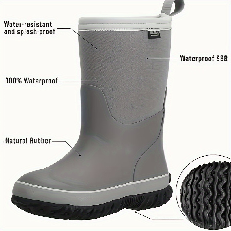 a pair of gray big boy high male rain boots fashion wear wear waterproof non slip warm suitable for sports wear boys and girls can wear details 4