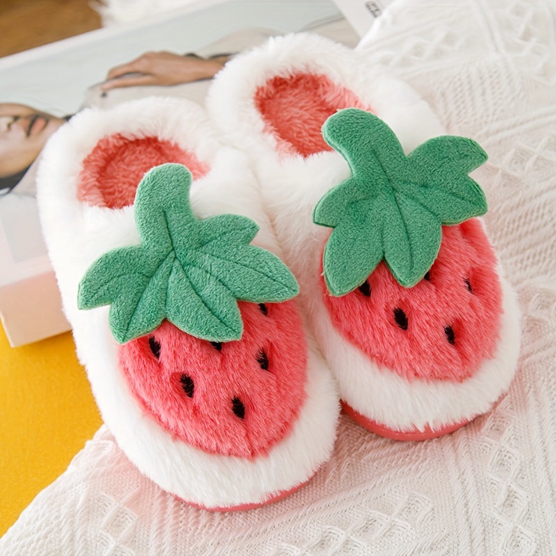 cute cartoon strawberry soft plush slippers for boys slip on shoes for indoor home autumn and winter details 0