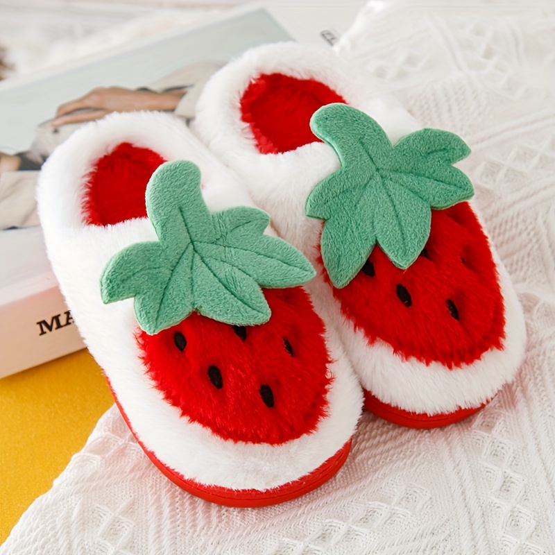 cute cartoon strawberry soft plush slippers for boys slip on shoes for indoor home autumn and winter details 3