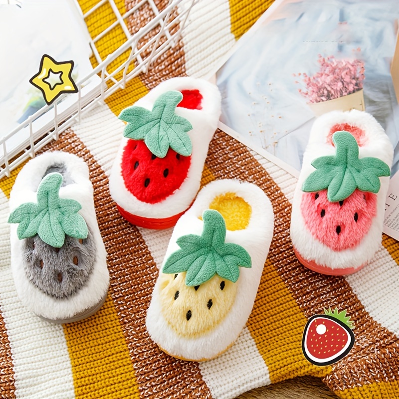 cute cartoon strawberry soft plush slippers for boys slip on shoes for indoor home autumn and winter details 4