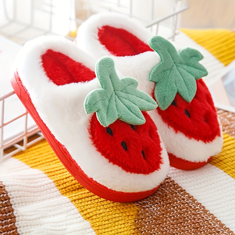 cute cartoon strawberry soft plush slippers for boys slip on shoes for indoor home autumn and winter details 7
